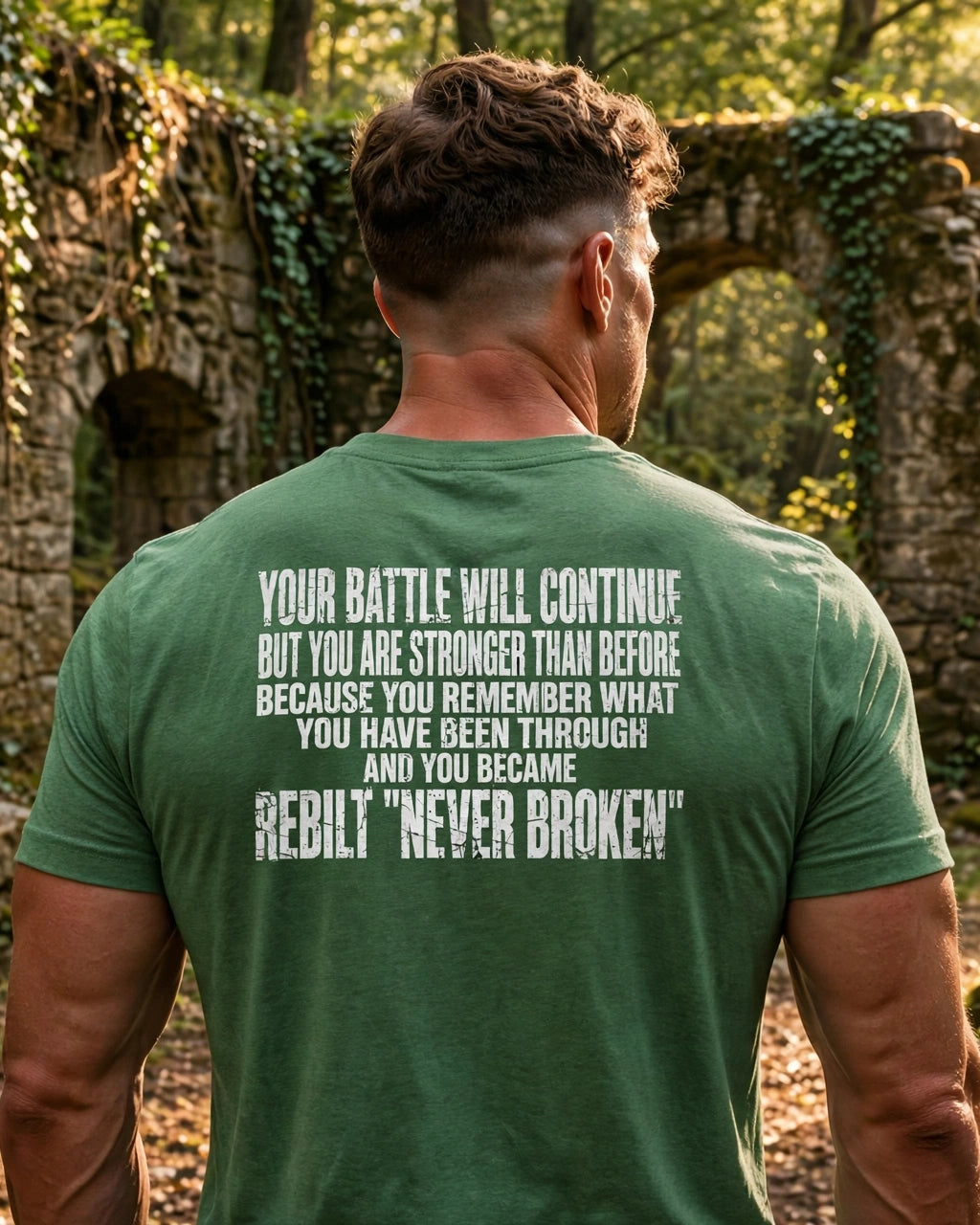 Back of the green REBILT tee among ivy-covered ruins: Your Battle Will Continue, But You Are Stronger Than Before… REBILT "Never Broken"