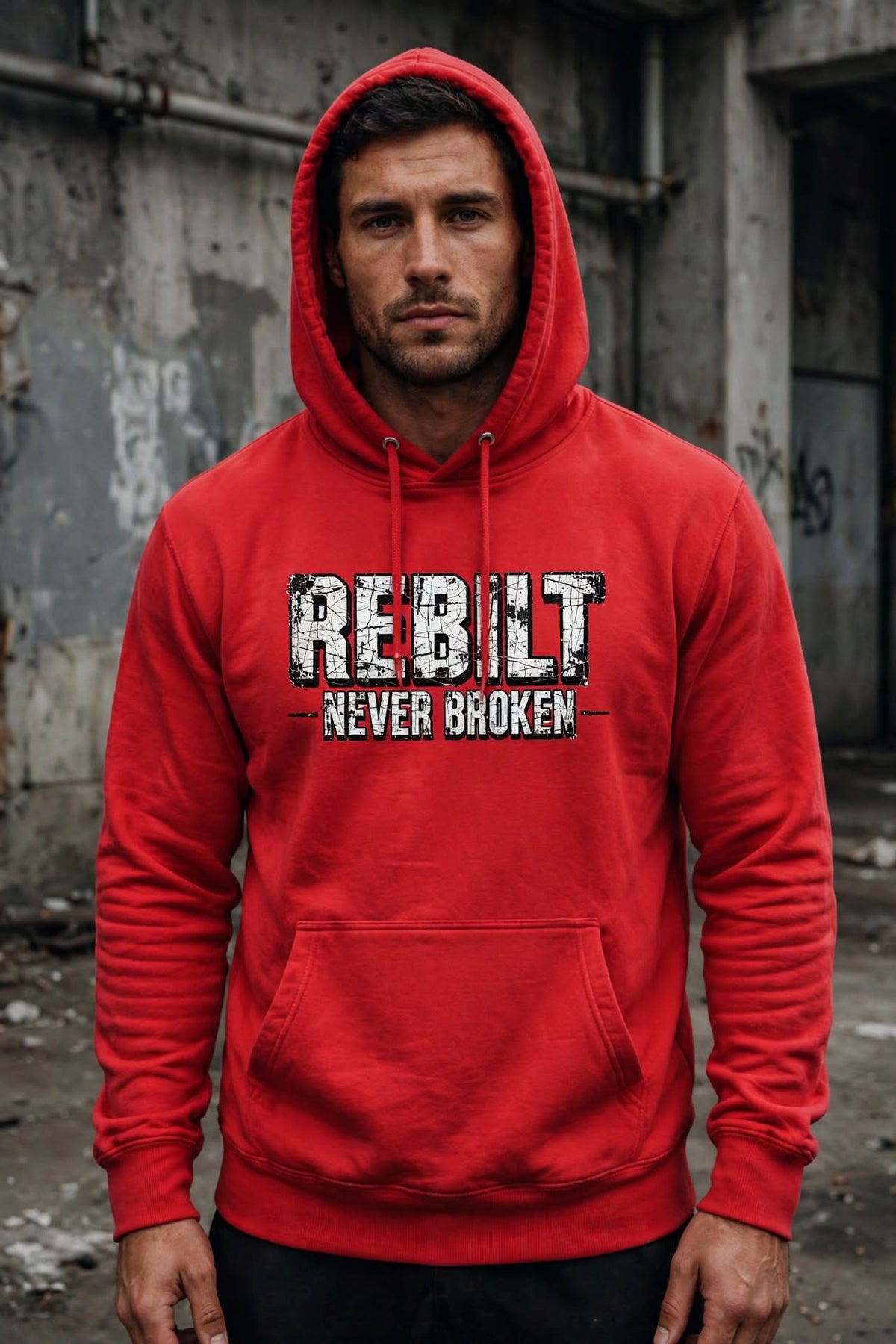 Man wearing the REBILT Never Broken Distressed Hoodie in Team Red, front logo