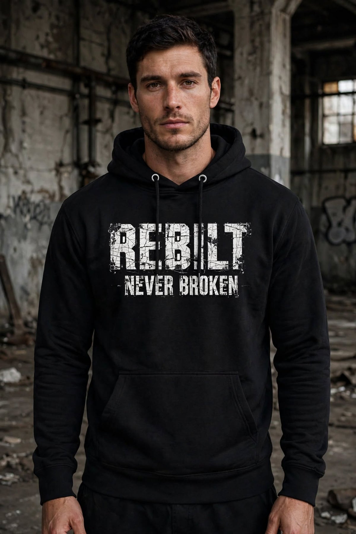 Man wearing the REBILT Never Broken Distressed Hoodie in Black, front logo
