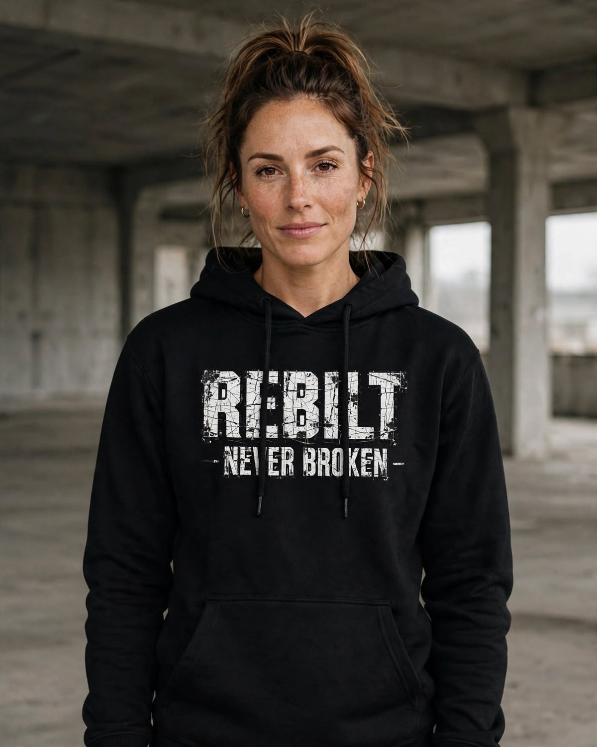 Woman wearing the REBILT Never Broken Distressed Hoodie in Black, front logo