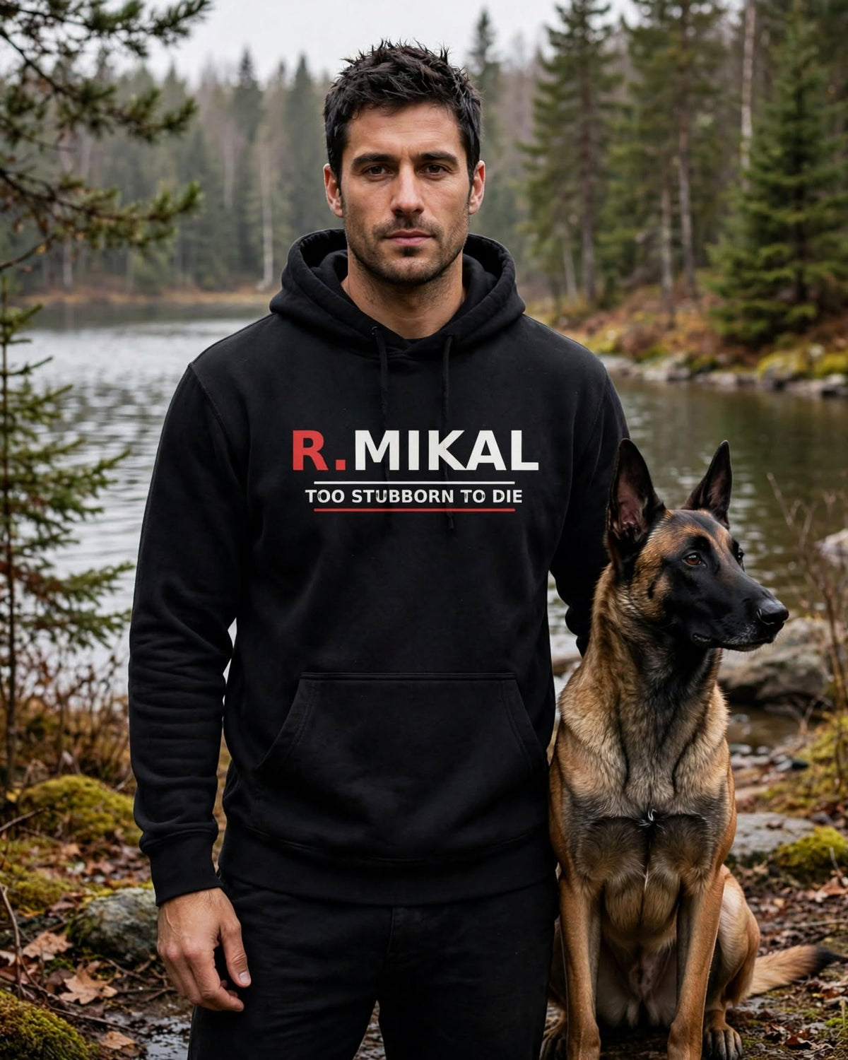 Man wearing the R.Mikal Too Stubborn to Die Hoodie in Black with a Belgian Malinois