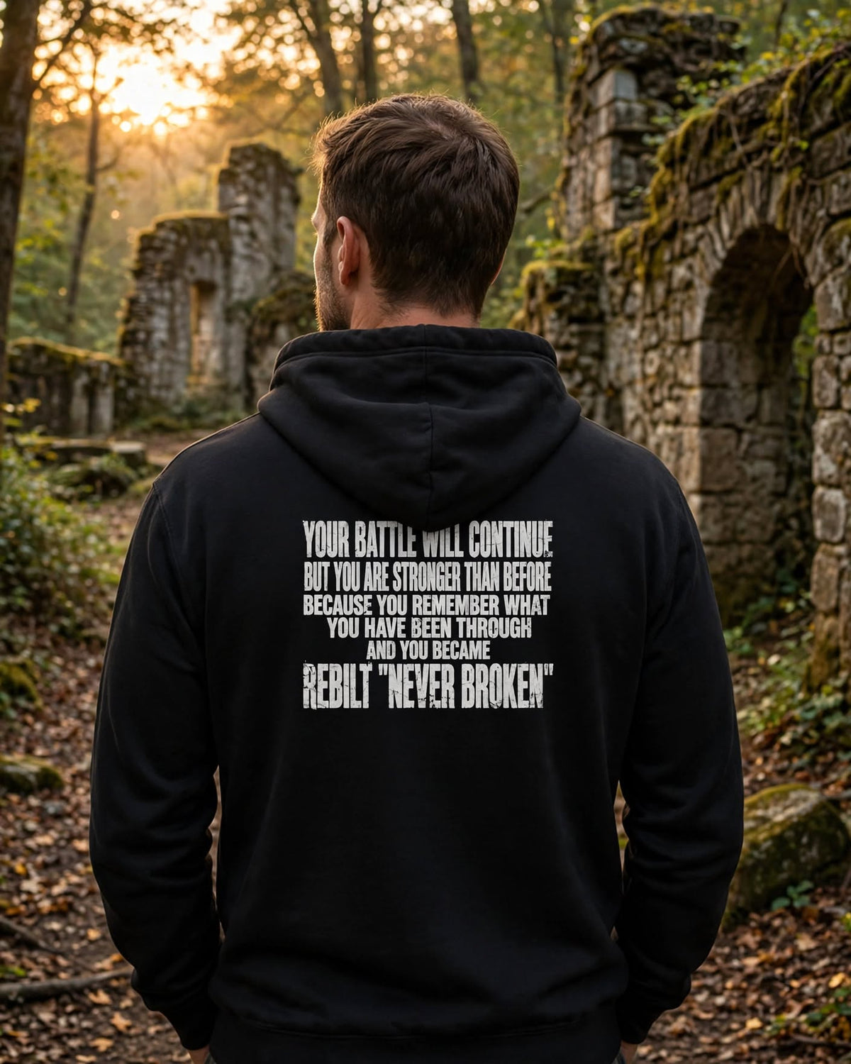 Man in the black REBILT zip hoodie seen from behind beside a stone archway, Your Battle Will Continue statement on the upper back