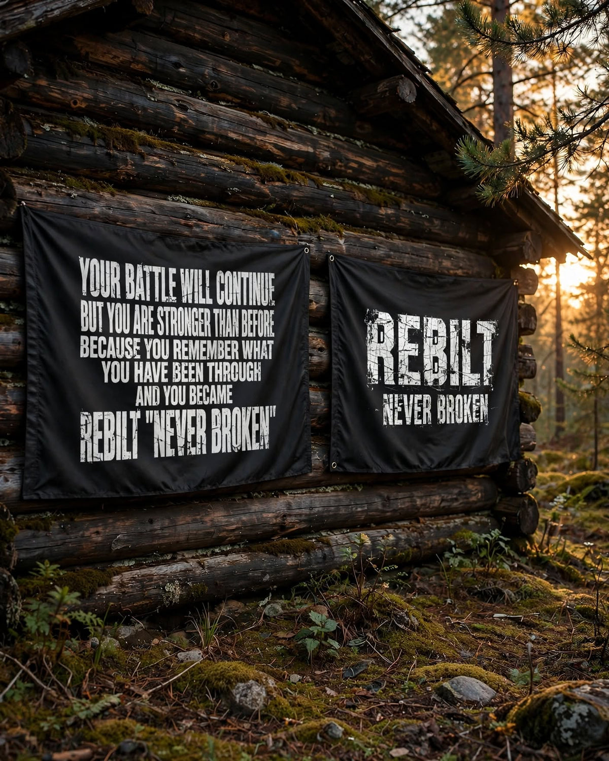 Both sides of one REBILT double-sided flag shown on a log cabin wall: Your Battle Will Continue manifesto and REBILT Never Broken