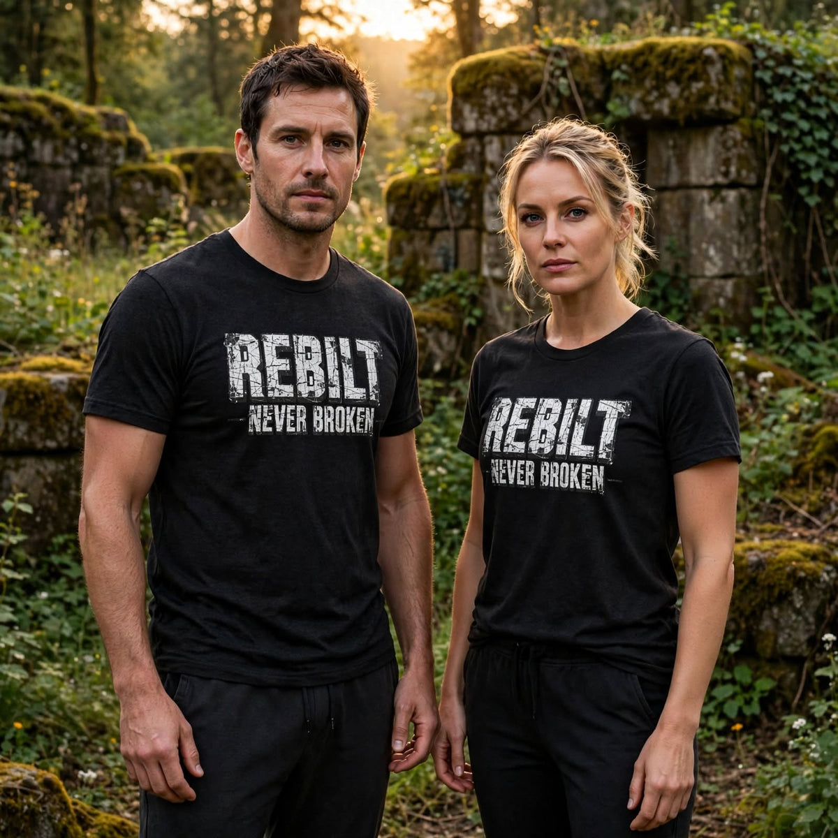 A man and a woman in forest ruins both wearing the black REBILT Never Broken distressed tee