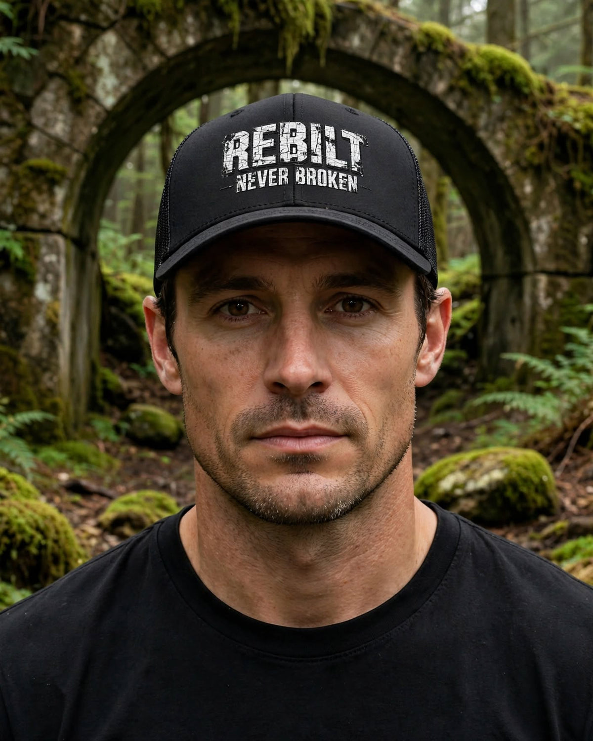 Man under a mossy stone arch wearing the black REBILT Never Broken trucker cap