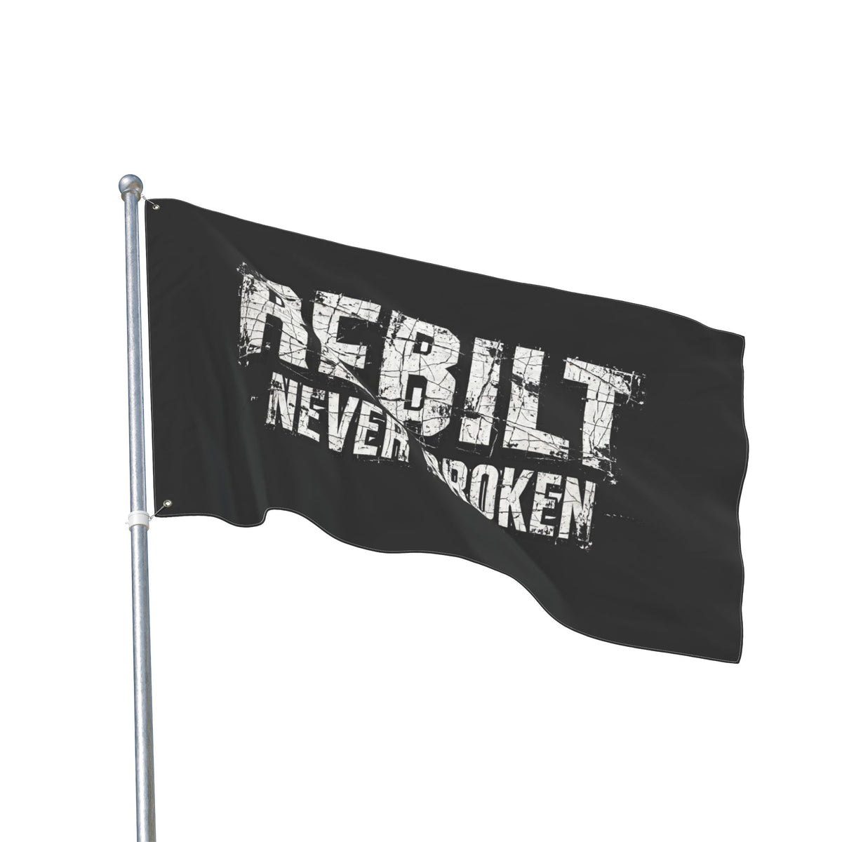 Double-Sided Flag — "REBILT Never Broken" Motivational Resilience Banner