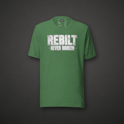 REBILT Ratty Green Tee on dark background