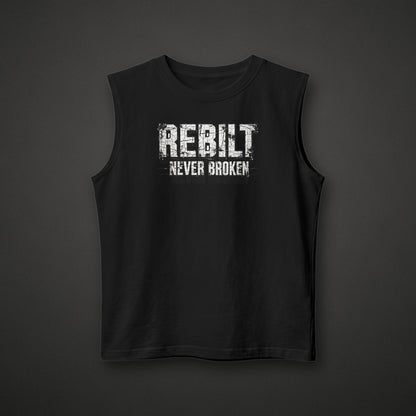 REBILT Never Broken Muscle Tank on dark background