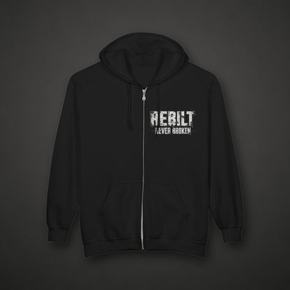 REBILT Never Broken Zip Hoodie on dark background
