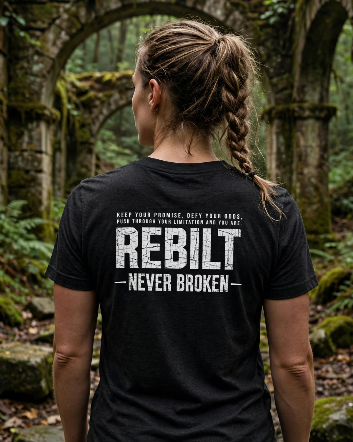 Back of the black R.Mikal tee on a woman in forest ruins: Keep your promise, defy your odds, push through your limitation and you are REBILT – NEVER BROKEN –