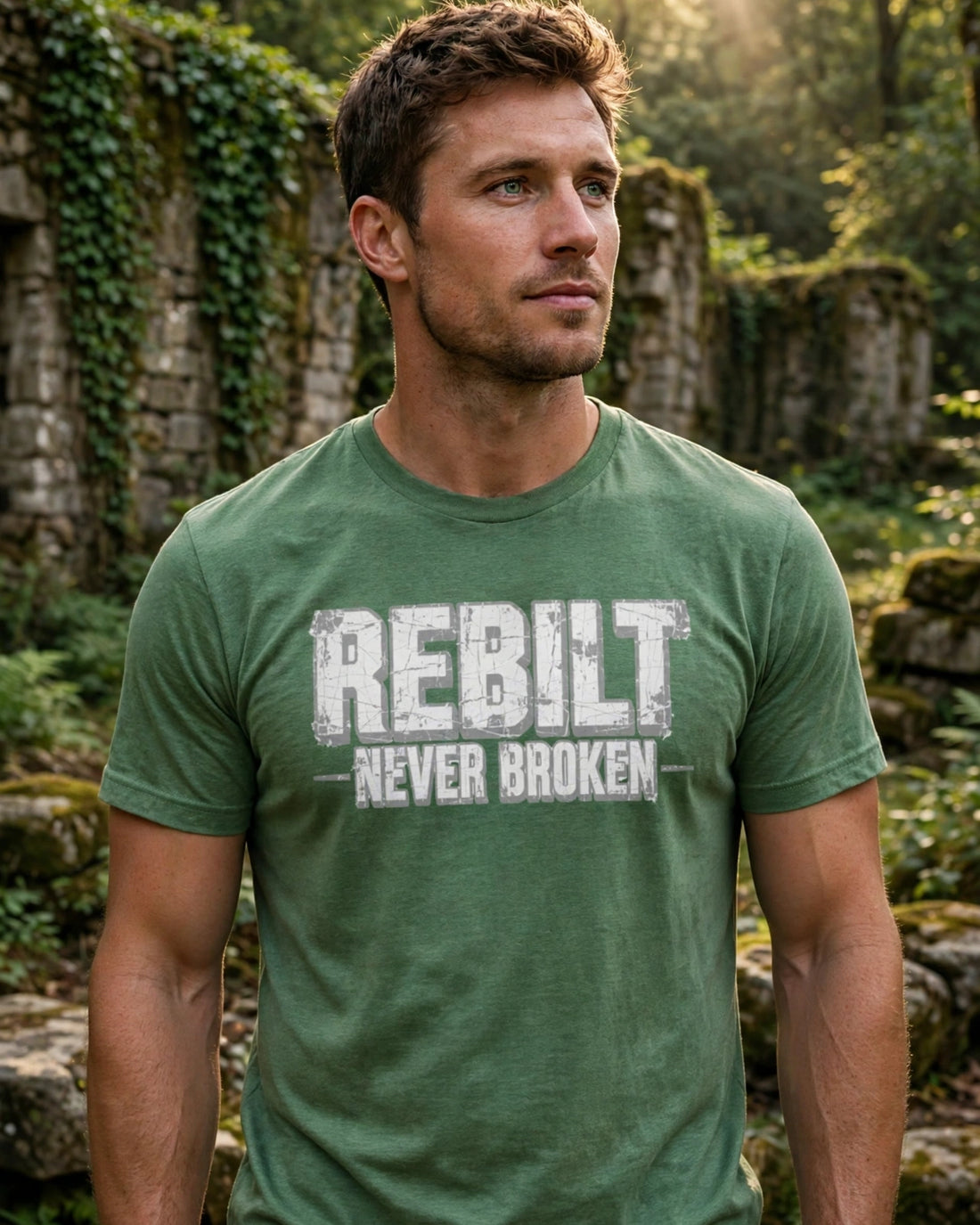 Man wearing the heather grass green REBILT Ratty Green tee in sunlit forest ruins, distressed white REBILT – NEVER BROKEN – print on the chest
