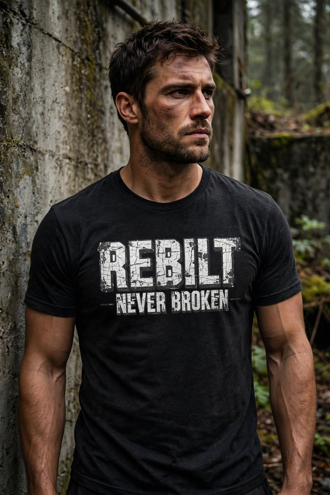 Man wearing the REBILT Never Broken Distressed Tee in Black Heather, front REBILT Never Broken logo