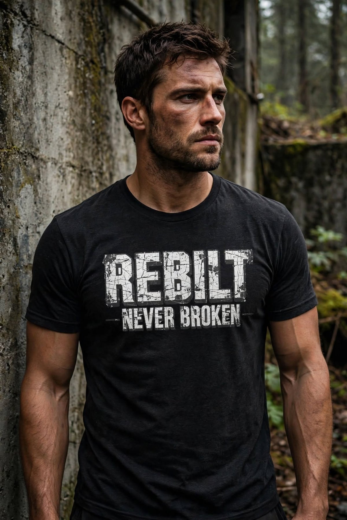 Man wearing the REBILT Never Broken Distressed Tee in Black Heather, front REBILT Never Broken logo