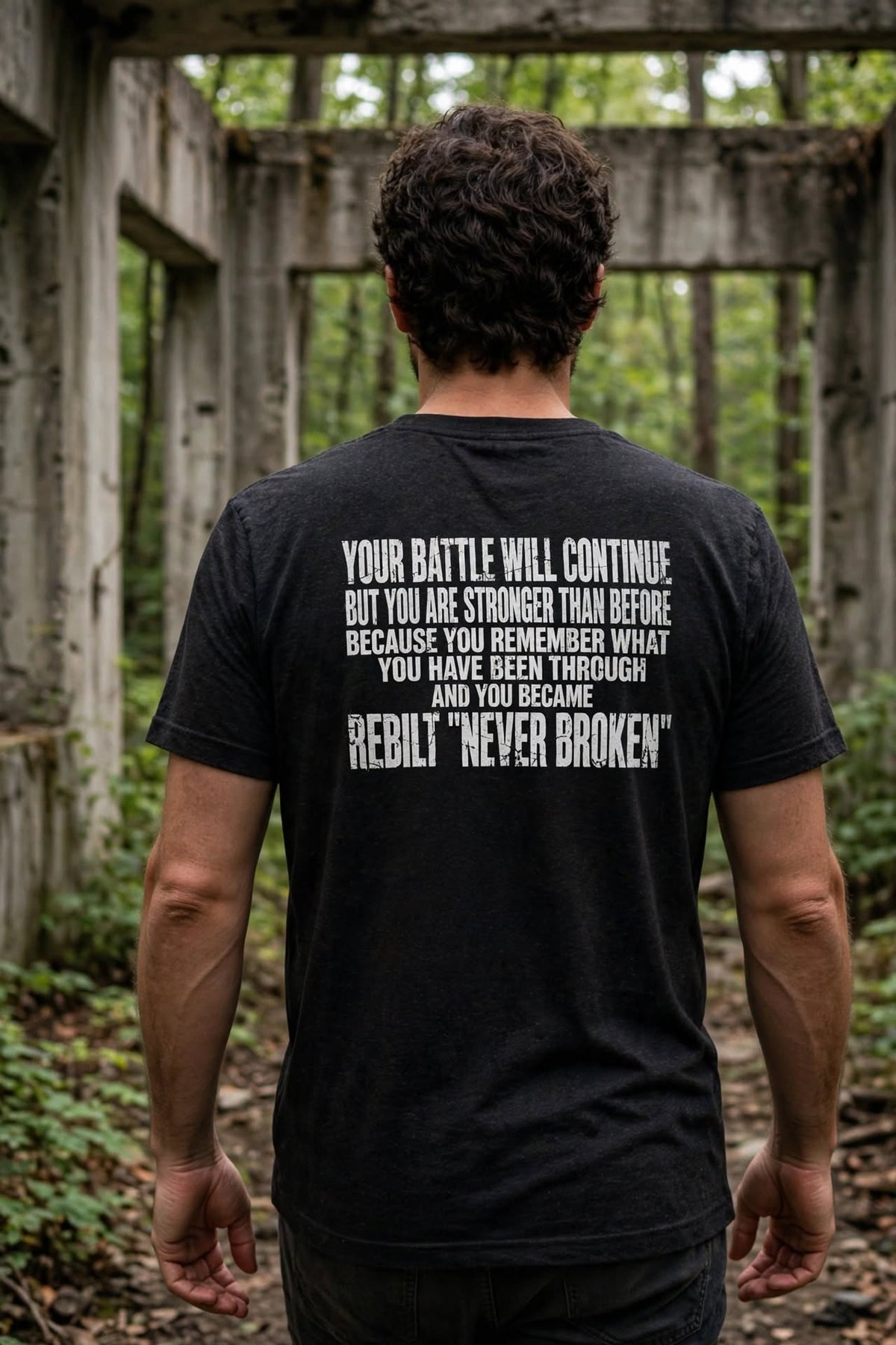 Back of the REBILT Never Broken Distressed Tee showing the Your Battle Will Continue back print