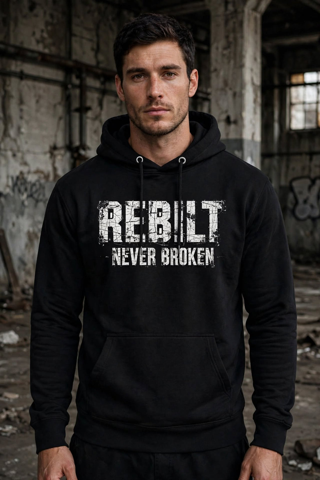 Man wearing the REBILT Never Broken Distressed Hoodie in Black, front logo