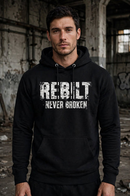 Man wearing the REBILT Never Broken Distressed Hoodie in Black, front logo