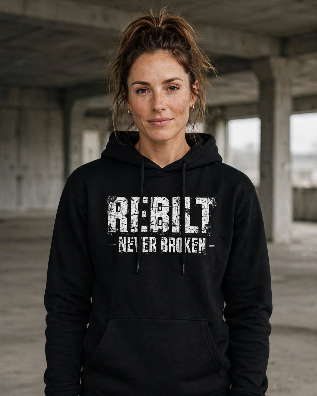 Woman wearing the REBILT Never Broken Distressed Hoodie in Black, front logo