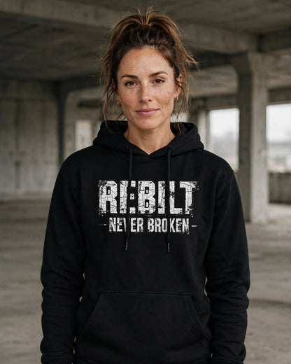 Woman wearing the REBILT Never Broken Distressed Hoodie in Black, front logo