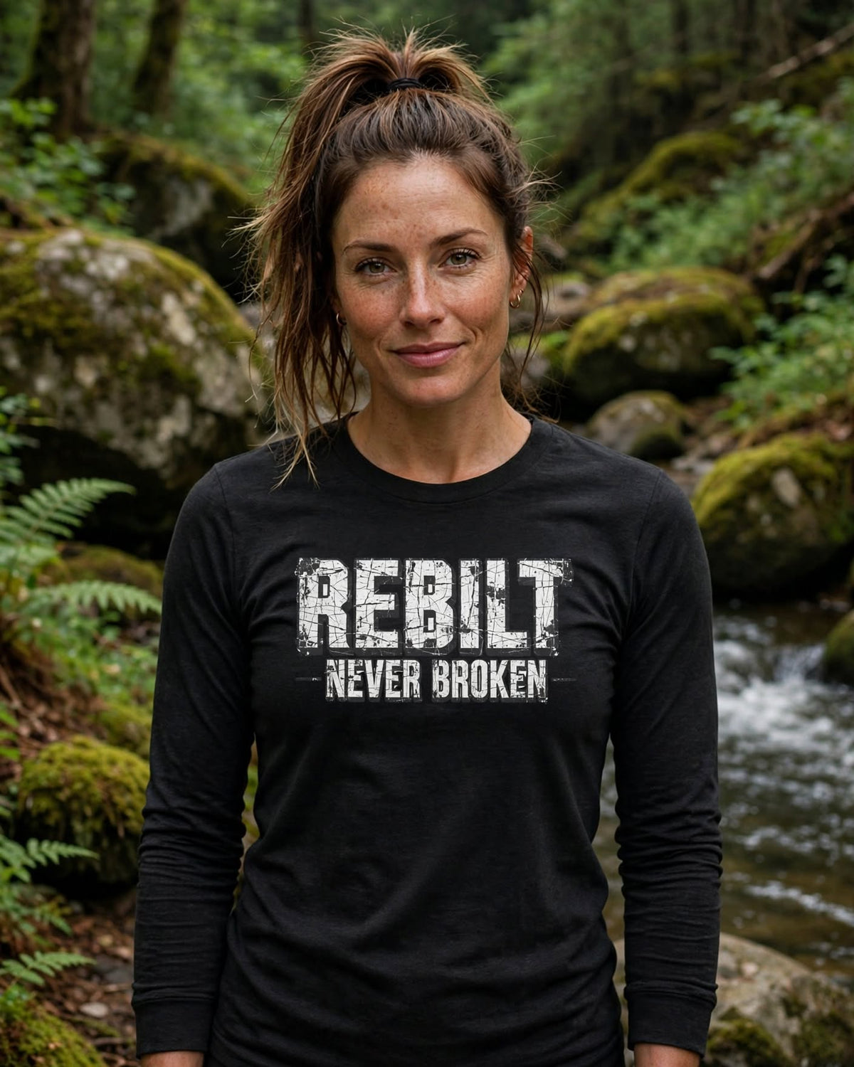 Woman wearing the REBILT Never Broken Long Sleeve Tee in Black Heather, front logo