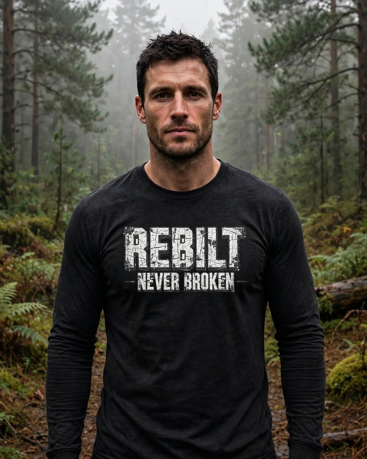 Man wearing the REBILT Never Broken Long Sleeve Tee in Black Heather, front logo
