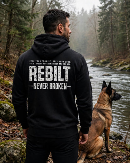 Back of the Too Stubborn to Die Hoodie: Keep your promise, defy your odds, push through your limitation and you are REBILT Never Broken