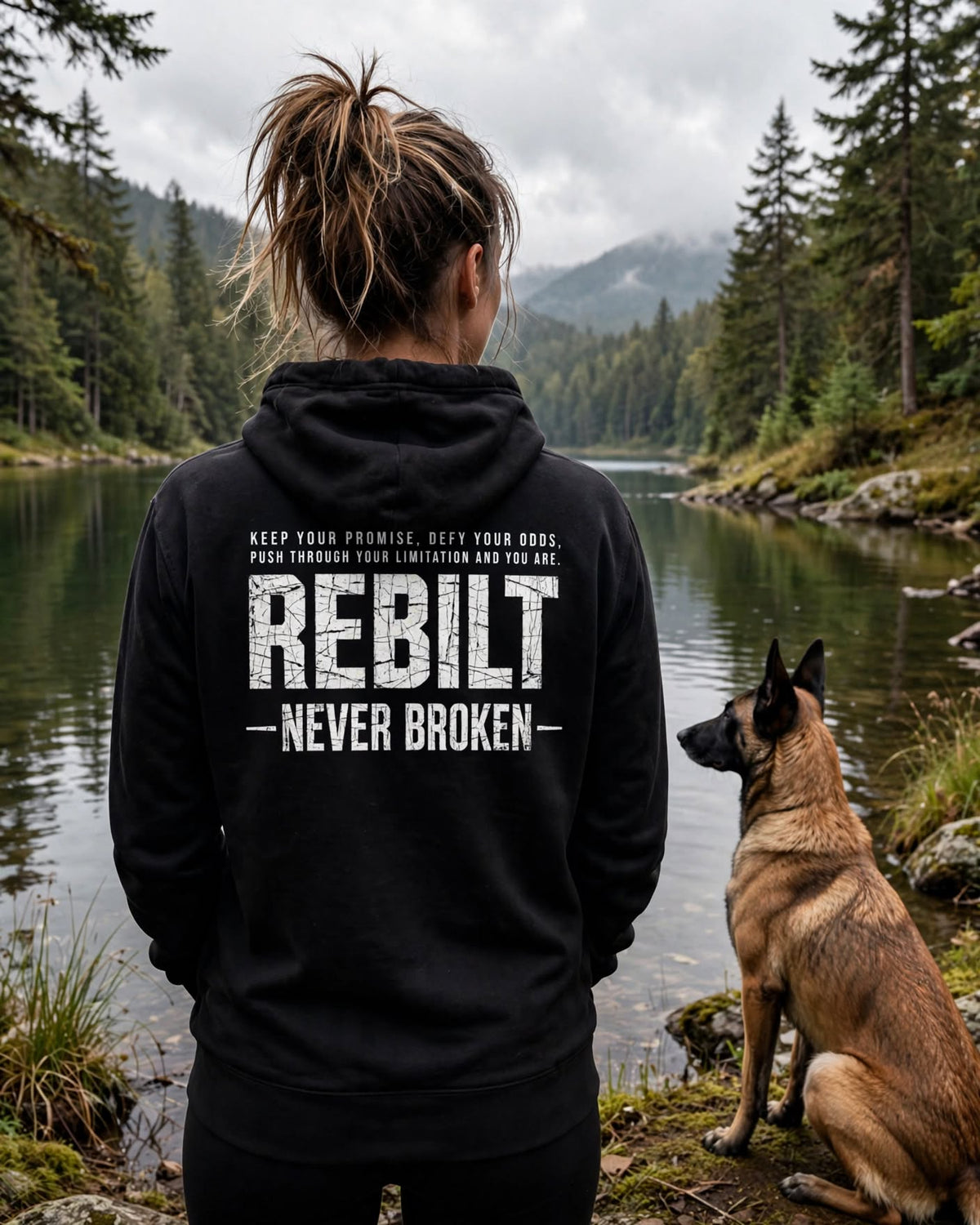Woman wearing the Too Stubborn to Die Hoodie, REBILT Never Broken back print, by a lake with her dog