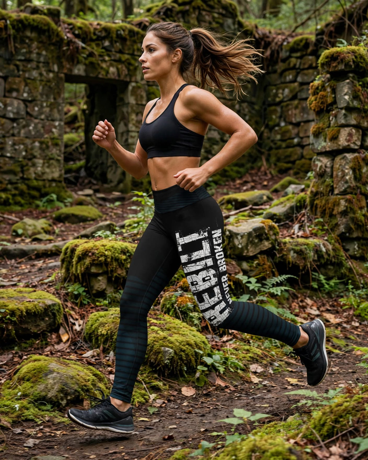 Woman running on a forest trail in REBILT Yoga Leggings, REBILT Never Broken print down the left leg