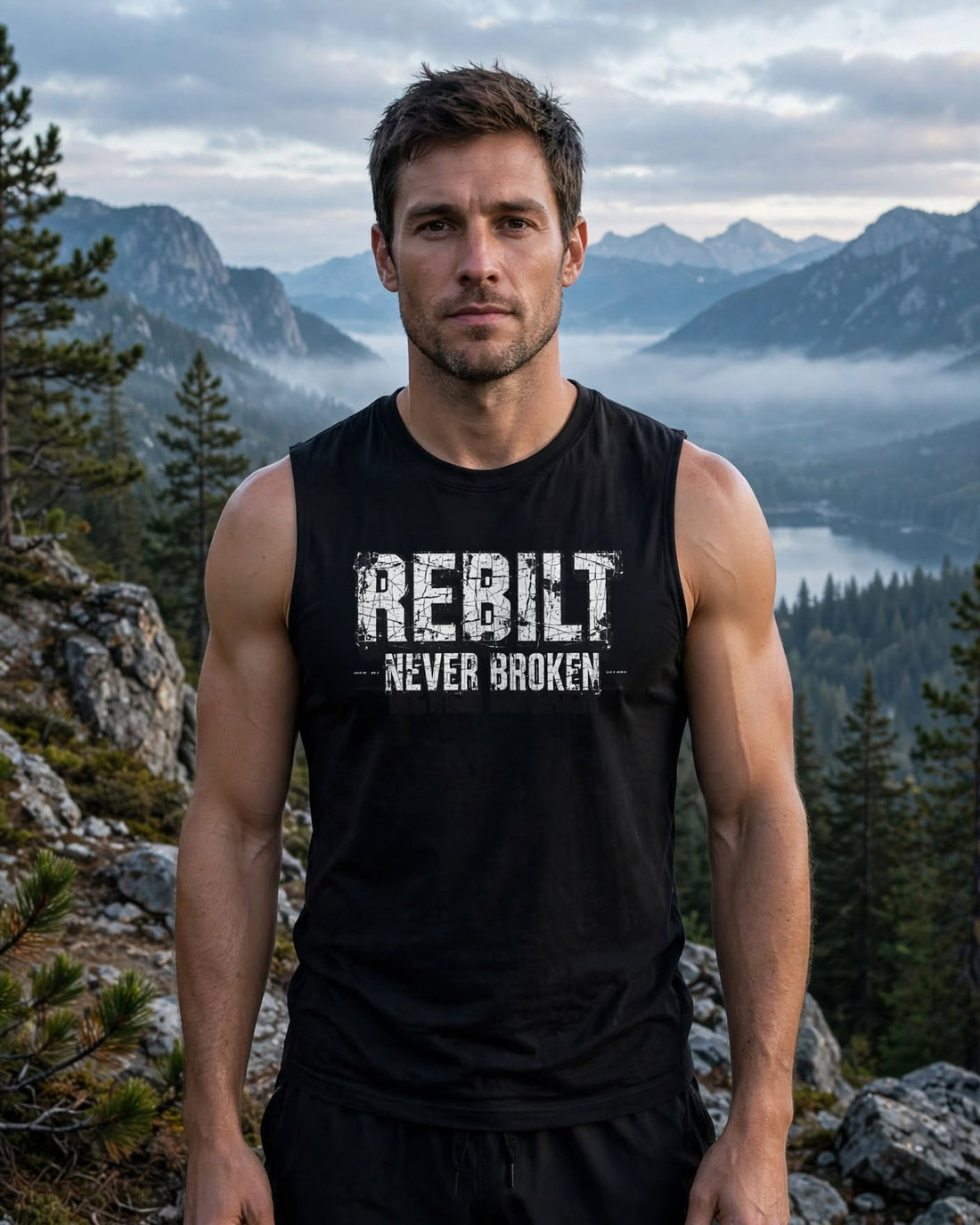 Man wearing the black REBILT Never Broken muscle tank on a mountain overlook, distressed white REBILT – NEVER BROKEN – print on the chest