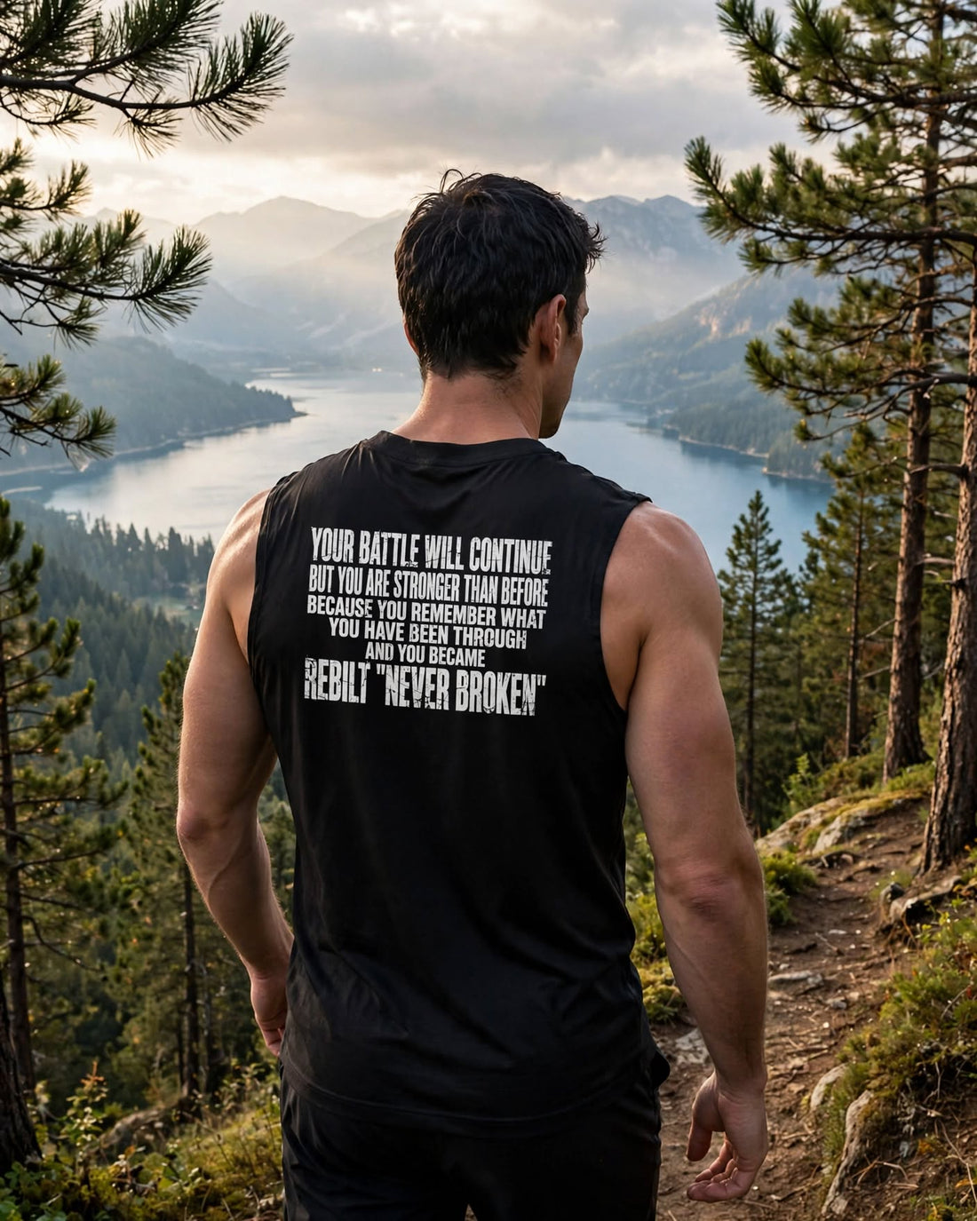 Back of the black REBILT muscle tank on a forest trail above a lake: Your Battle Will Continue, But You Are Stronger Than Before… REBILT "Never Broken"