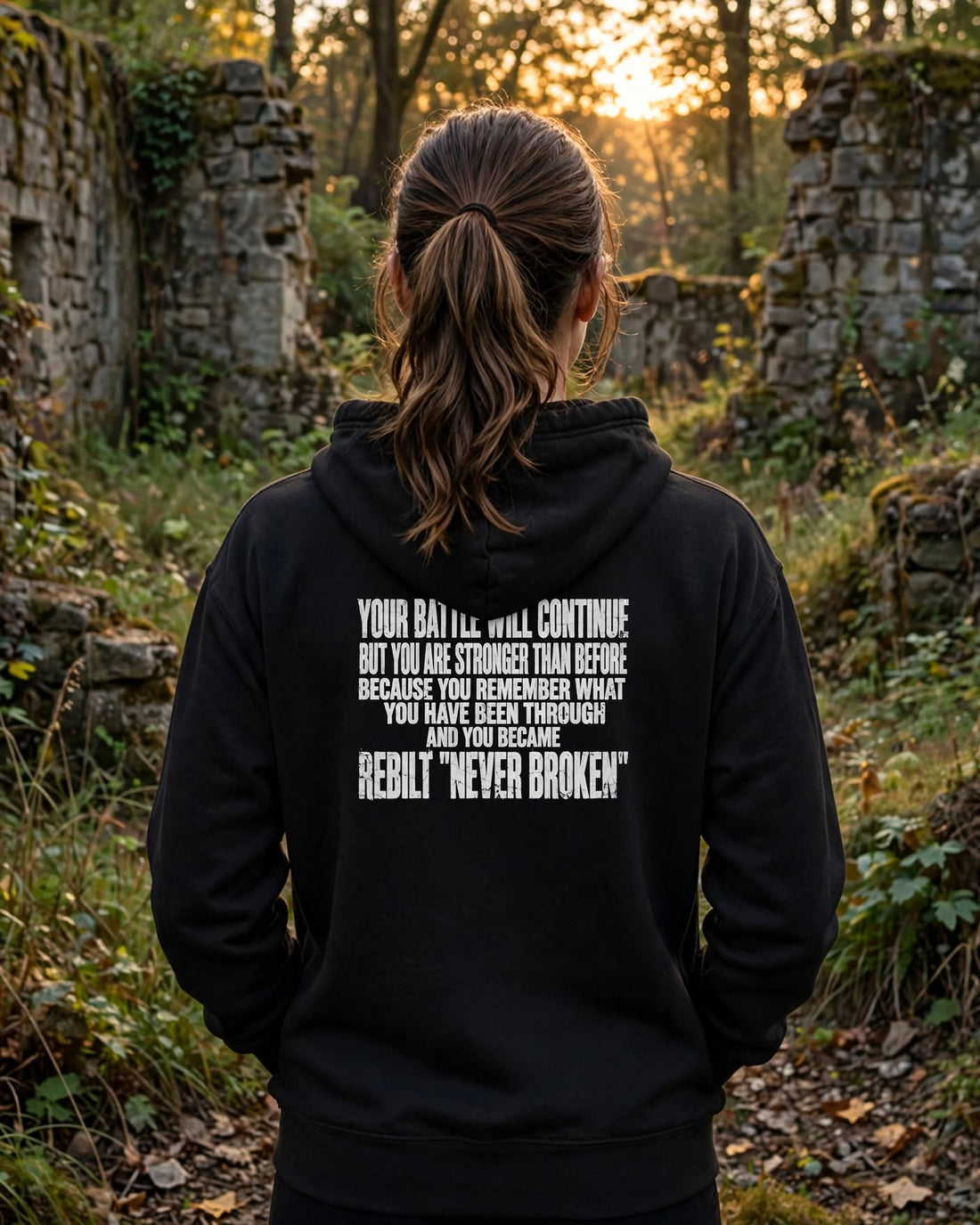Woman in the black REBILT zip hoodie seen from behind among forest ruins: Your Battle Will Continue, But You Are Stronger Than Before… REBILT "Never Broken"