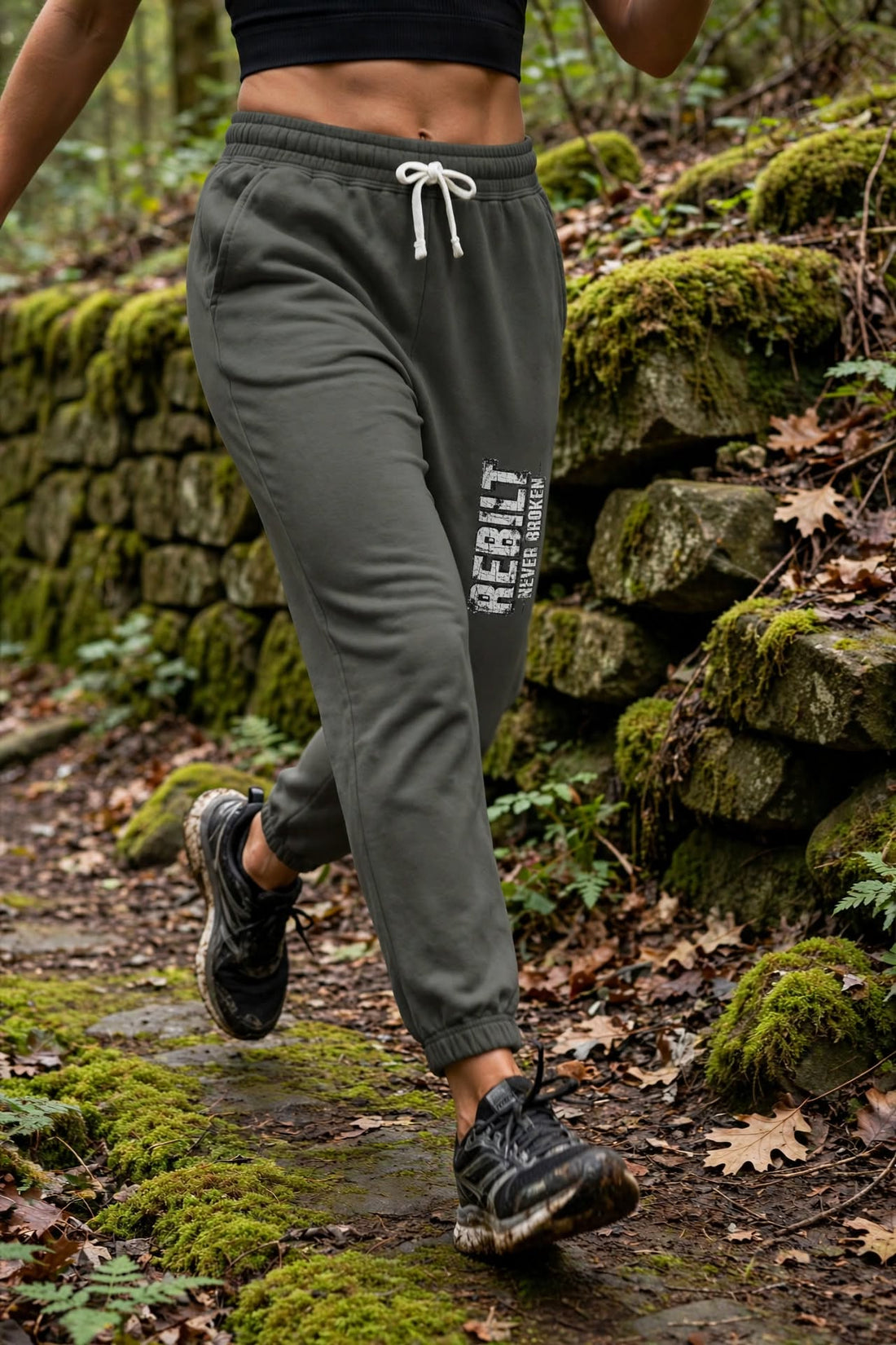Woman on a forest trail in relaxed-fit Pepper REBILT joggers with white drawstring and vertical REBILT Never Broken thigh print