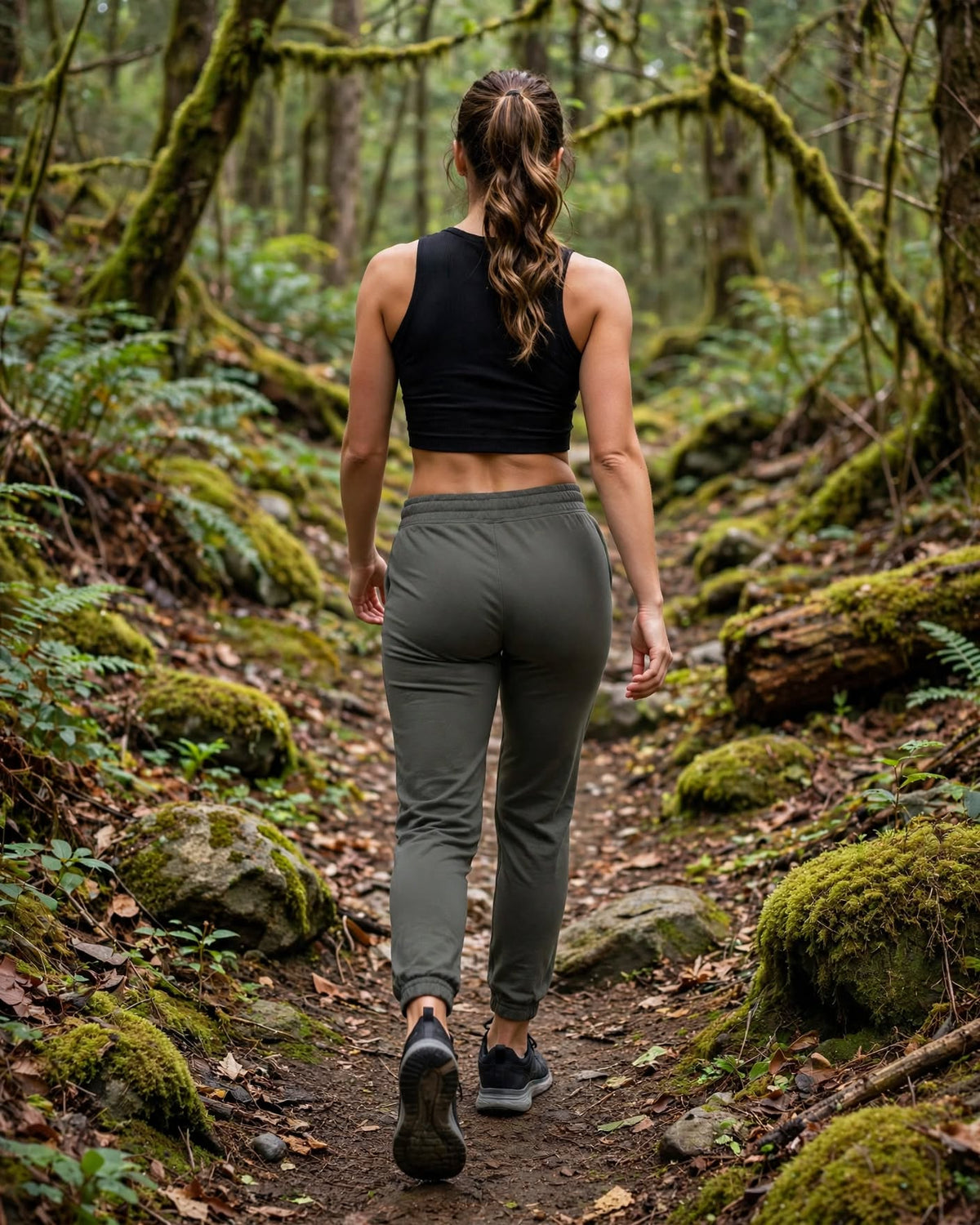 Back view of a woman walking a mossy forest trail in Pepper REBILT joggers