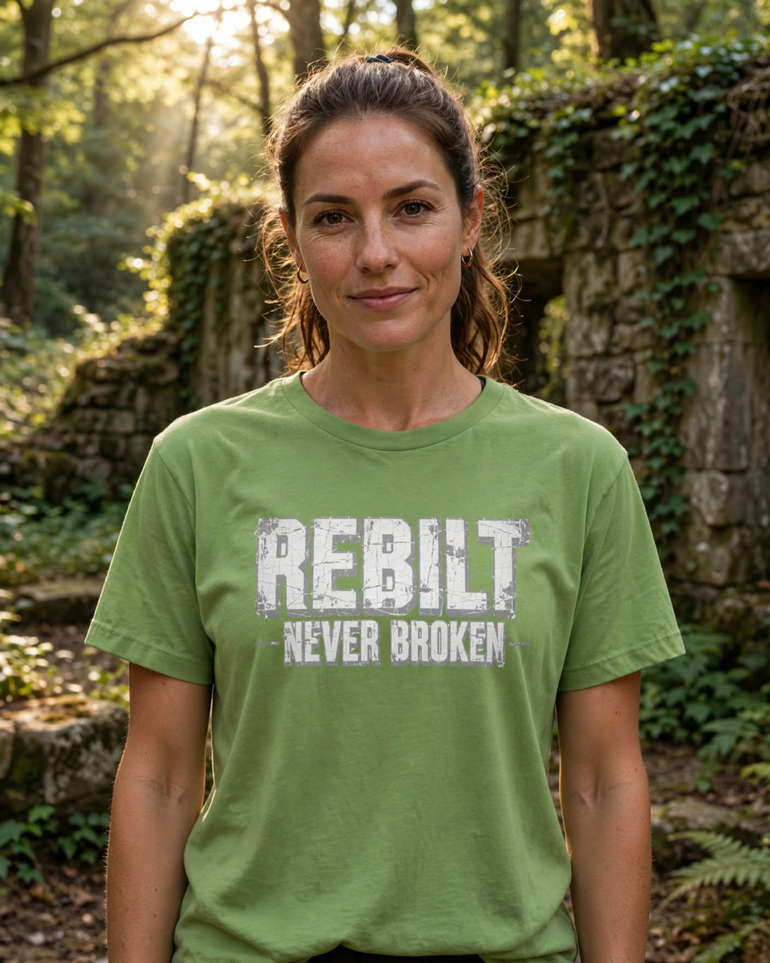 Woman wearing the leaf green REBILT Ratty Green women&