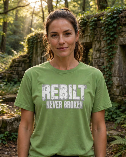 Woman wearing the leaf green REBILT Ratty Green women&