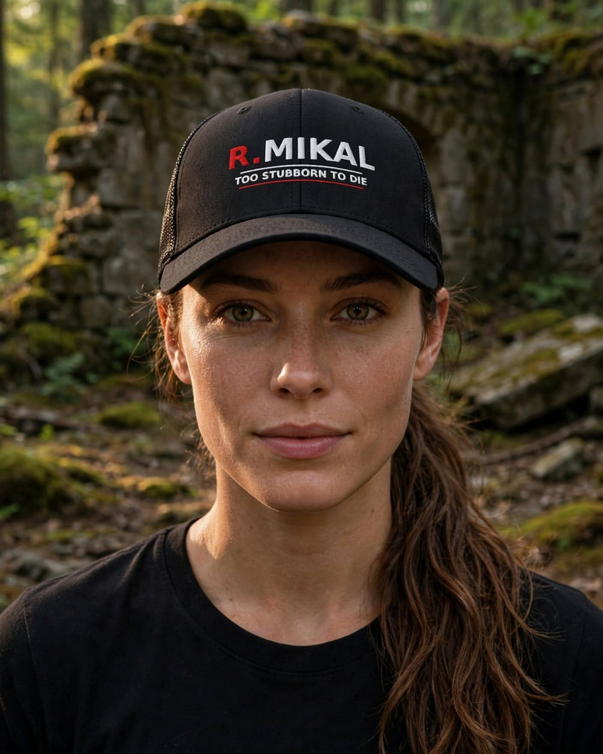 Woman wearing the black R.Mikal Too Stubborn to Die trucker hat in forest ruins