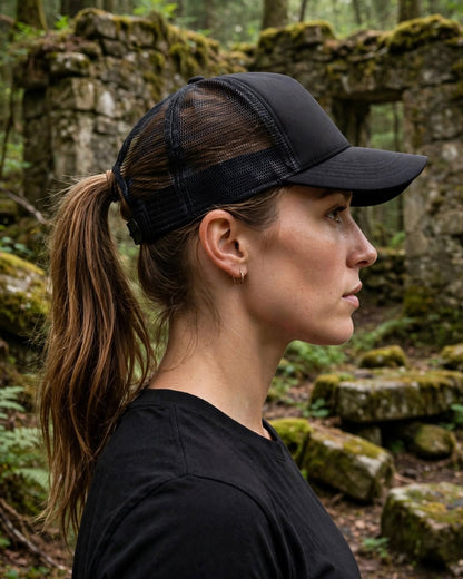 Side view of a woman in the black R.Mikal trucker hat with ponytail and mesh back