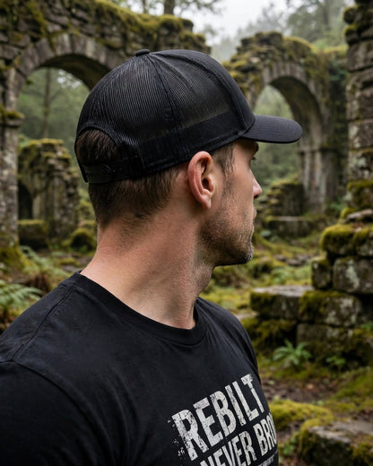 Back view of the black REBILT trucker cap showing mesh panels and plain snapback