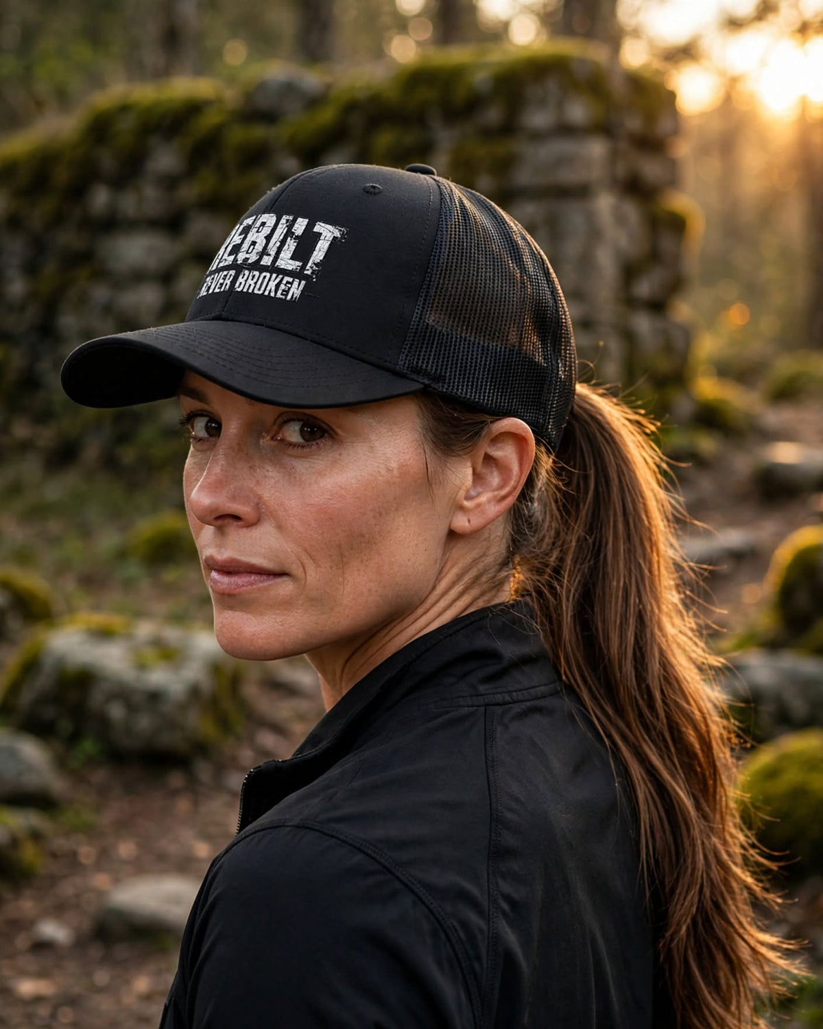 Woman at sunset in forest ruins wearing the black REBILT Never Broken trucker cap, side view