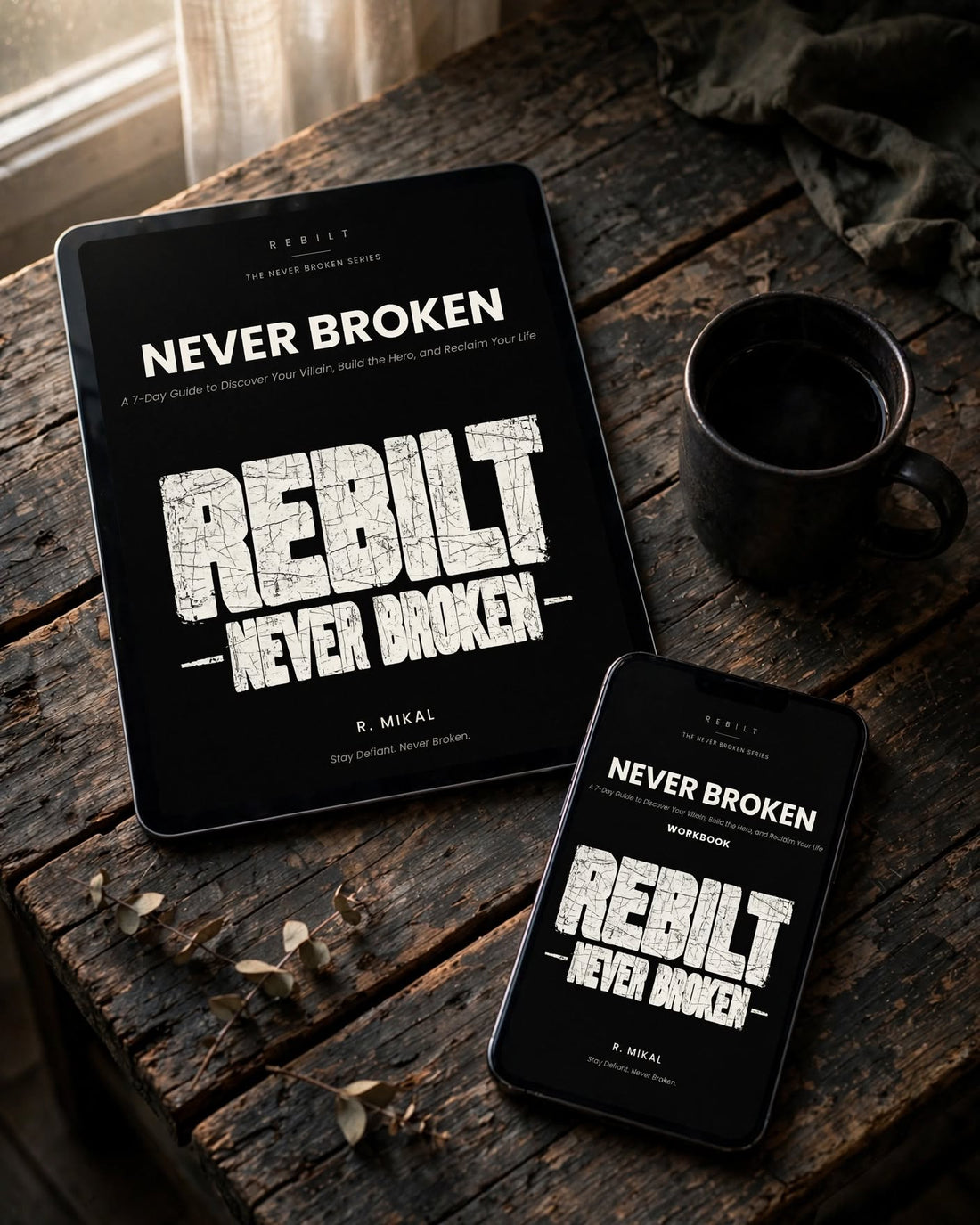 Never Broken 7-Day Guide on a tablet and the Workbook on a phone, on a wooden table with coffee — digital download