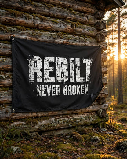 REBILT Never Broken double-sided flag hung on a log cabin wall in a pine forest at sunset, corner lifted to show the reverse side