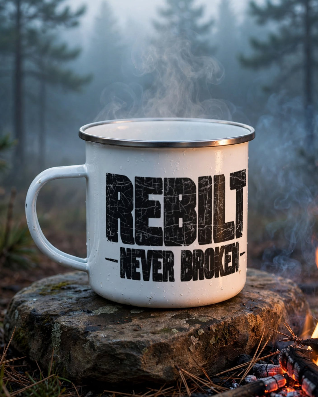 Steaming white REBILT Never Broken enamel camp mug on a rock beside a campfire in a misty pine forest at dawn