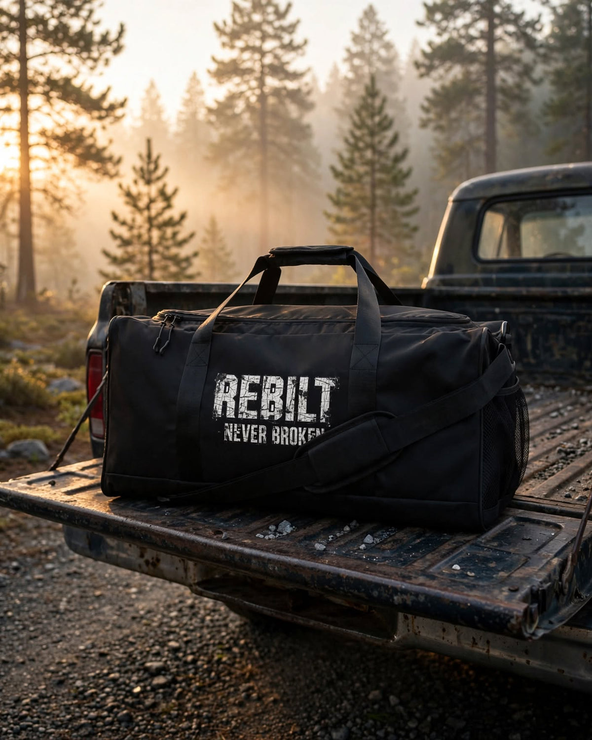 Black REBILT Never Broken duffle bag on the tailgate of an old pickup truck on a forest road at sunrise