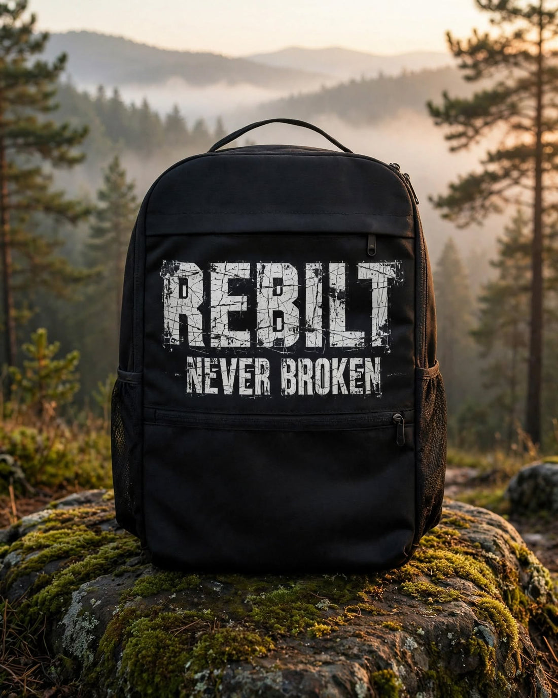 Black REBILT Never Broken utility backpack on a mossy rock at a misty forest overlook at sunrise