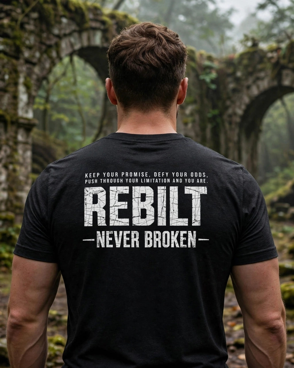 Back view of a man in the black R.Mikal tee with the REBILT Never Broken back print