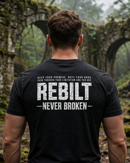 Back view of a man in the black R.Mikal tee with the REBILT Never Broken back print