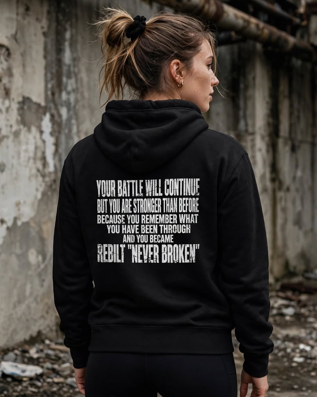 Woman wearing the REBILT Distressed Hoodie in Black, Your Battle Will Continue back print