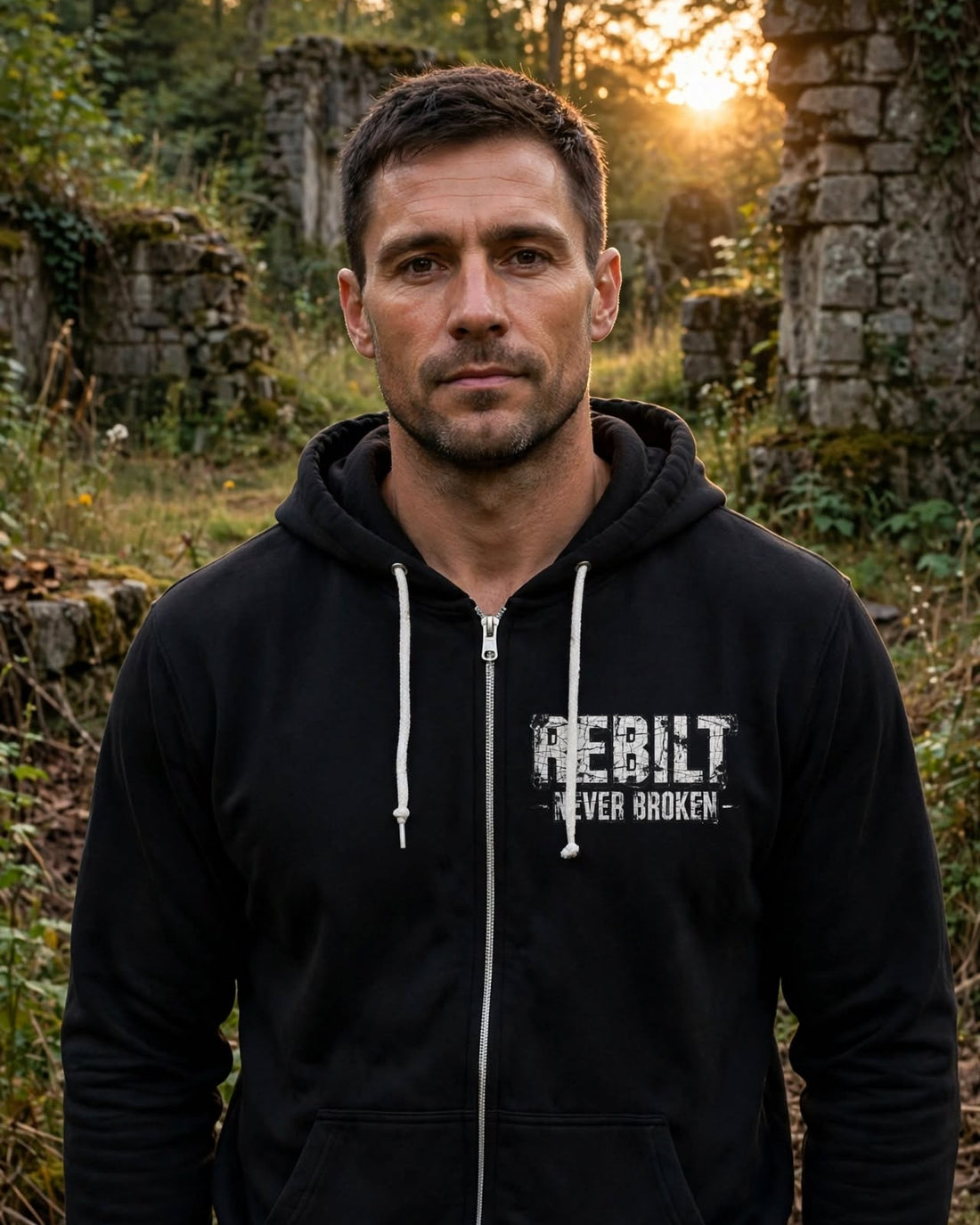 Man wearing the black REBILT Never Broken zip hoodie in forest ruins at sunset, distressed white REBILT – NEVER BROKEN – logo on the left chest