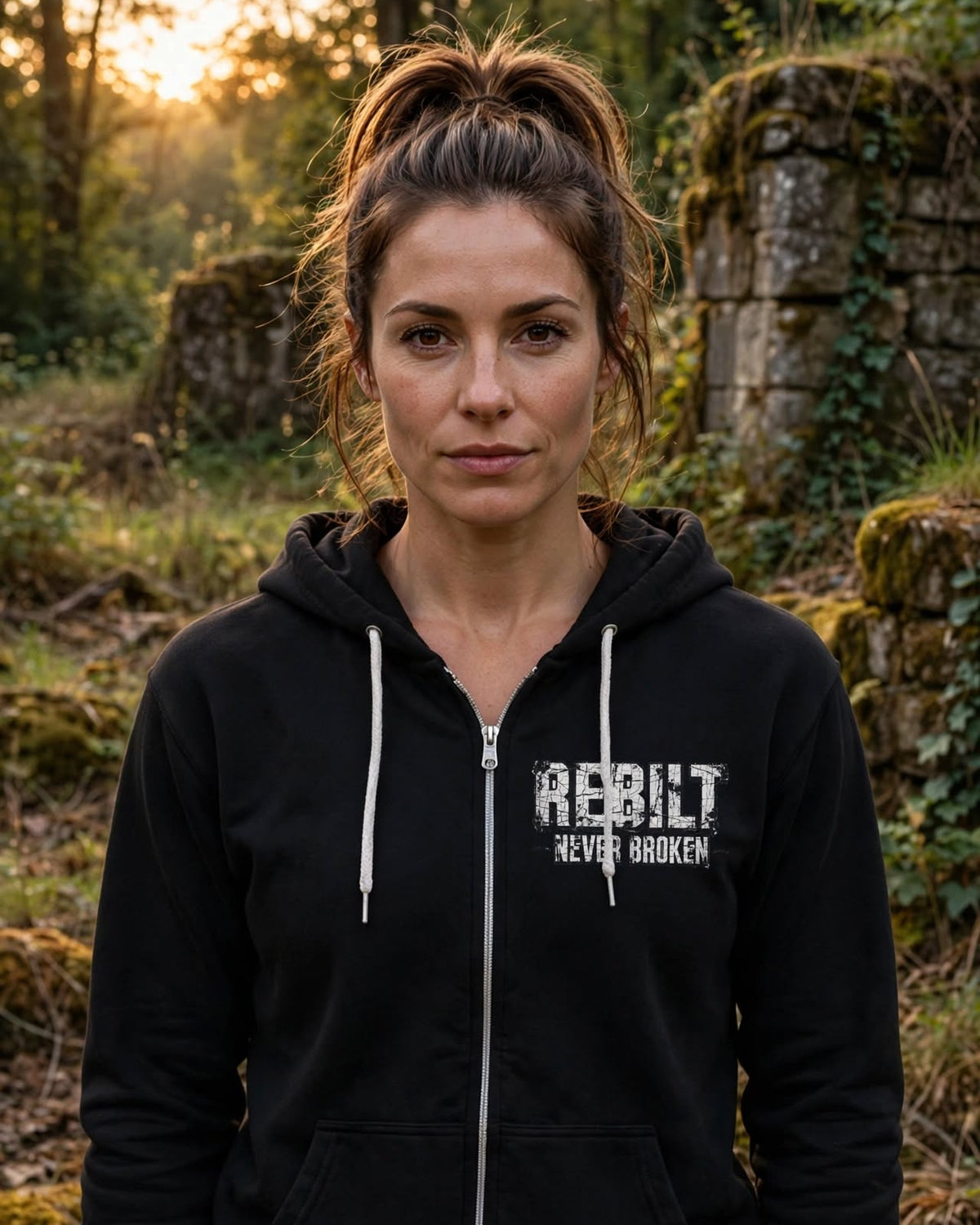Woman wearing the black REBILT Never Broken zip hoodie in forest ruins, white distressed logo on the left chest