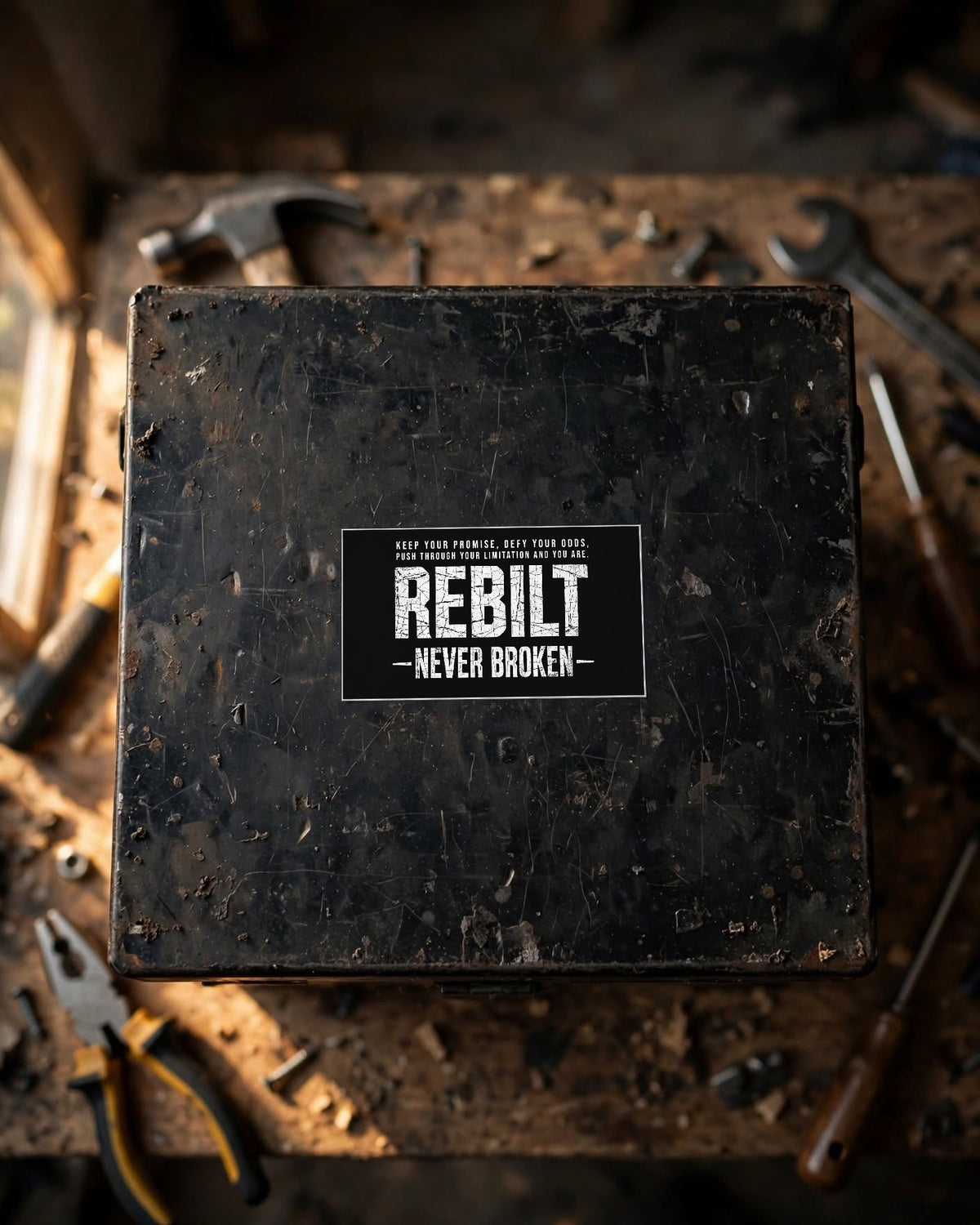 Black Keep Your Promise REBILT Never Broken bumper sticker on a scratched black toolbox in a garage workshop