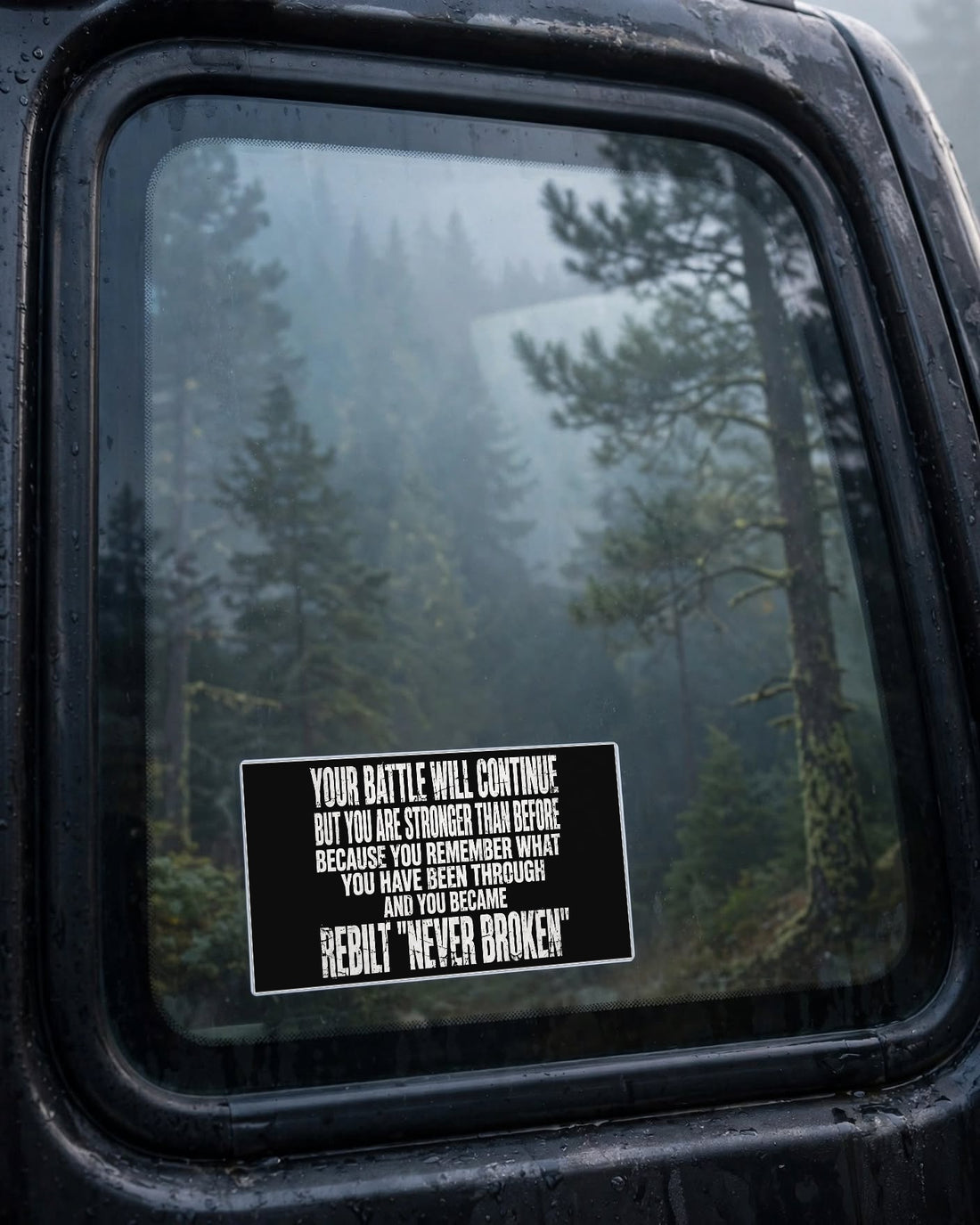 Black Your Battle Will Continue bumper sticker on a truck rear window with misty forest reflection